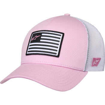 Pink and white Bill's Exhausts Alpinstars flag snapback hat with adjustable strap and embroidered logo, in stock.