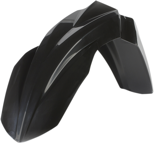 Black Acerbis front fender for motorcycle, body part designed to protect and enhance the bike's front end.