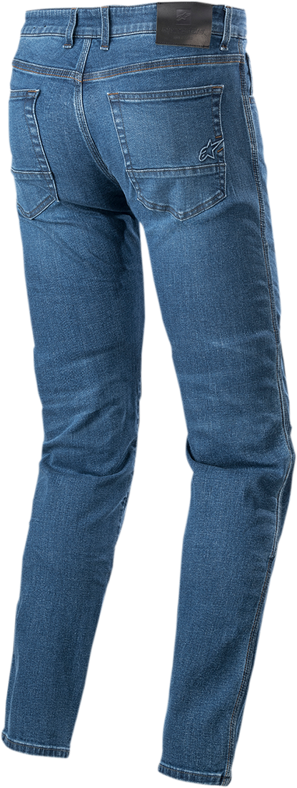Alpinestars Radon blue motorcycle pants, US 34 / EU 50, with branded design and protective panels, on a plain background.