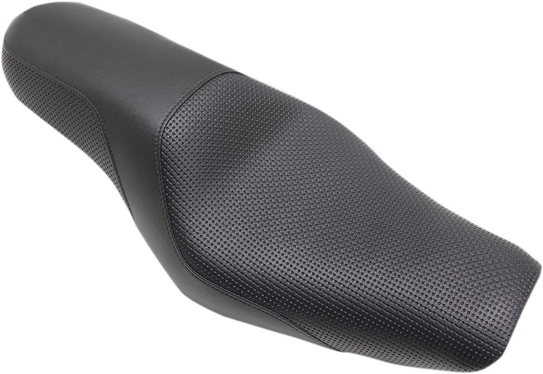 Black SADDLEMEN Profiler Basket-weave motorcycle seat with stylish black leather upholstery, designed by Bill's Exhausts.