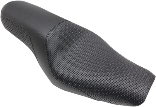 Black SADDLEMEN Profiler Basket-weave motorcycle seat with stylish black leather upholstery, designed by Bill's Exhausts.