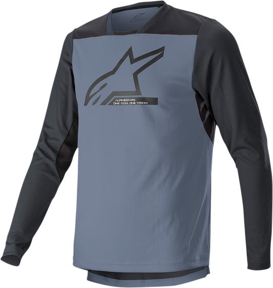 Black and gray Alpinestars Drop 6.0 V2 long-sleeve jersey, medium size, featuring lightweight, breathable fabric for motocross riding.