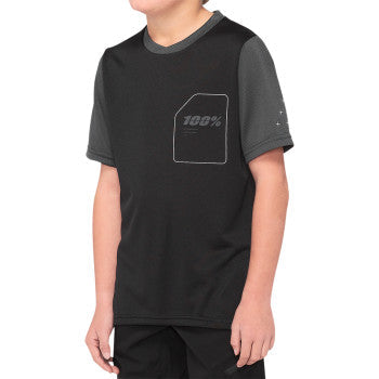 Black and charcoal Bill's Exhausts Youth Ridecamp Jersey, short-sleeve, medium size, made for active riding.