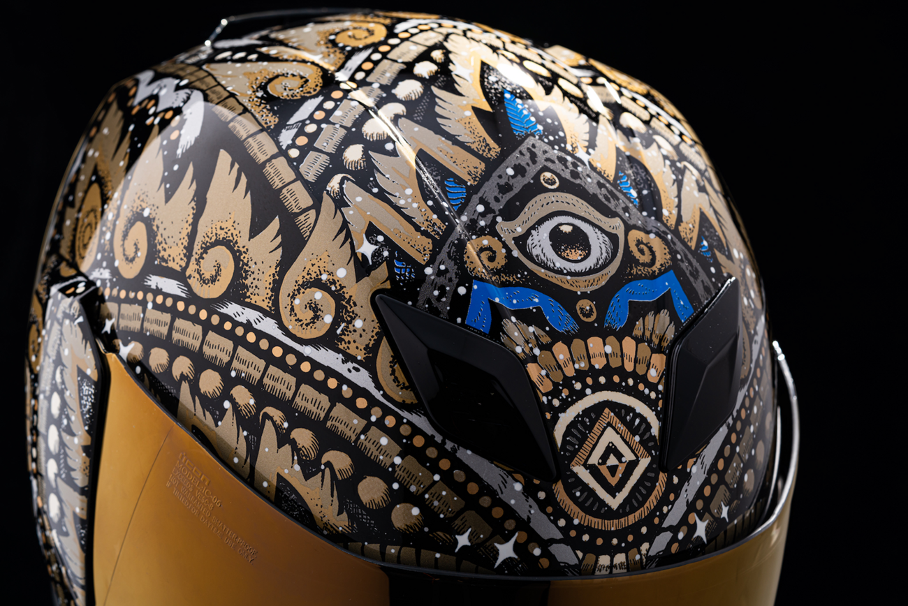 Gold ICON Airflite™ DayTripper helmet by Bill's Exhausts, large size, sleek aerodynamic design, with detailed vents and visor.