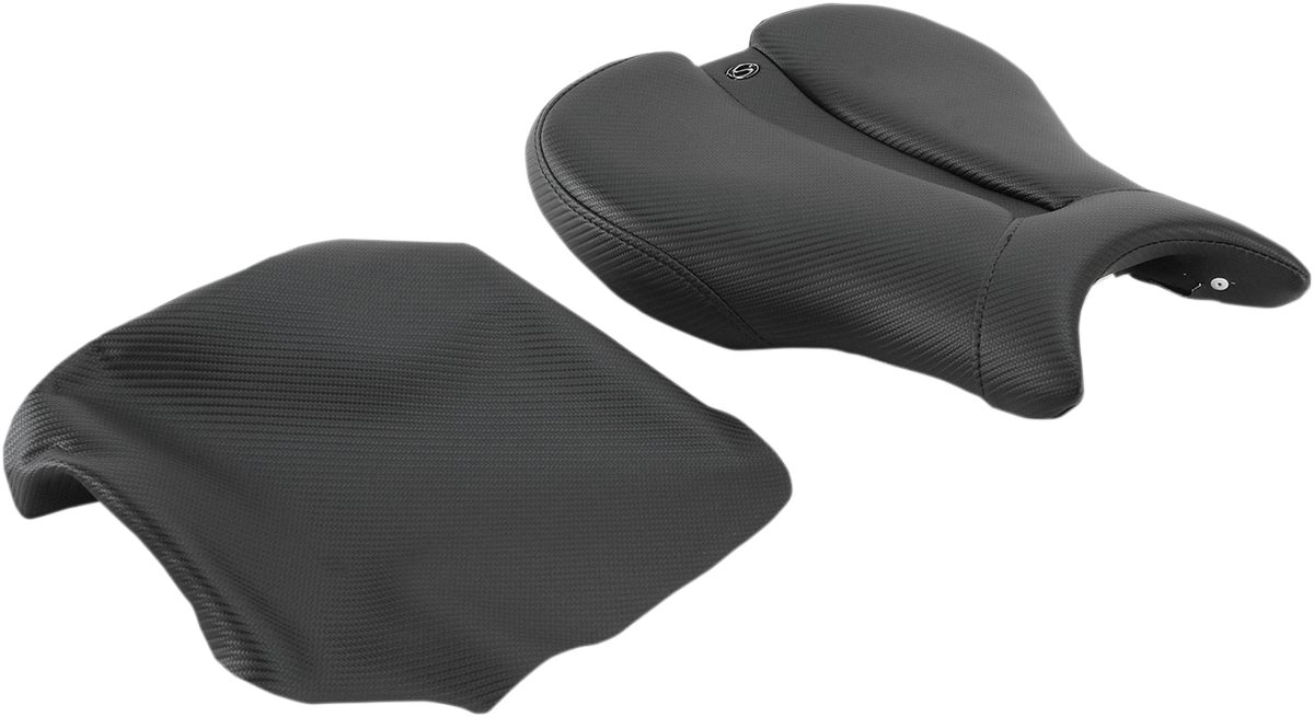 Black SADDLEMEN Gel Channel Track Carbon Fiber Sport Seat for Triumph motorcycles, featuring sleek carbon fiber design and ergonomic shape.