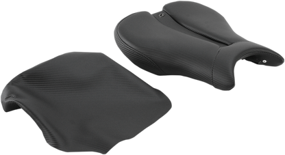 Black SADDLEMEN Gel Channel Track Carbon Fiber Sport Seat for Triumph motorcycles, featuring sleek carbon fiber design and ergonomic shape.