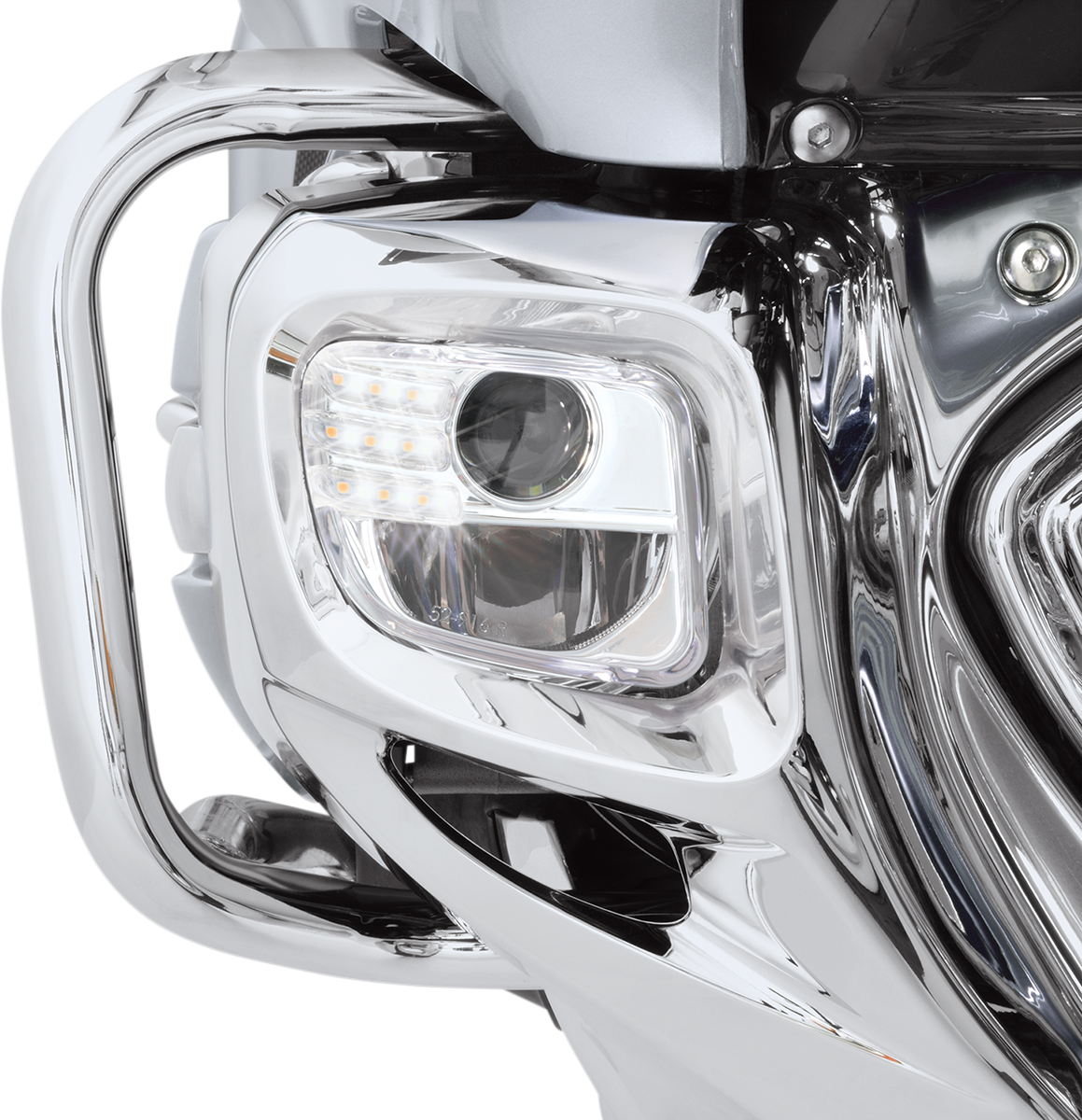 Bill's Exhausts Show Chrome LED Fog Lights Kit for Honda GL1800 motorcycle engine with bright LED fog lights.