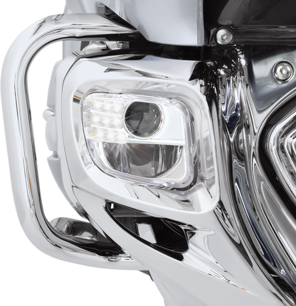 Bill's Exhausts Show Chrome LED Fog Lights Kit for Honda GL1800 motorcycle engine with bright LED fog lights.