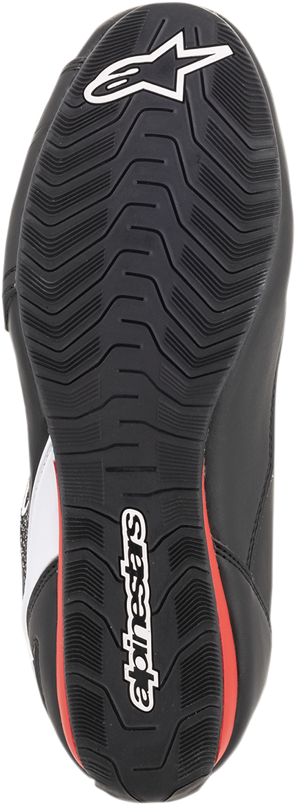 Alpinestars Faster-3 Rideknit® shoes in black, white, and red with US 13.5 size, showcasing sporty design and breathable material.