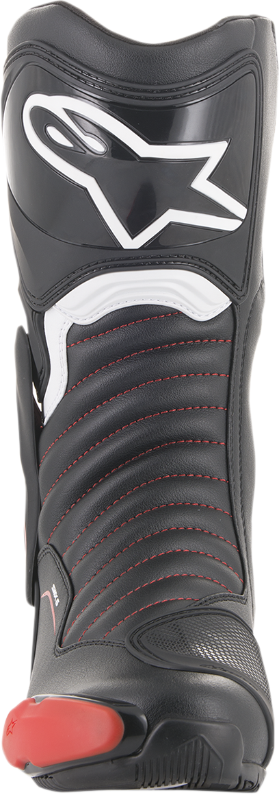 Alpinestars SMX-6 v2 motorcycle boots in black and red, US 9.5, EU 44, with protective design and branding details visible.