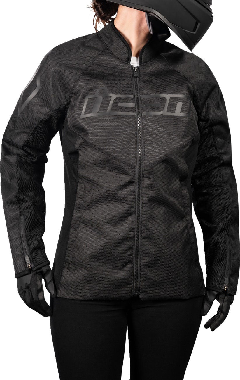 Black ICON Women's Hooligan CE Jacket by Bill's Exhausts, size 2XL, displayed on a hanger.