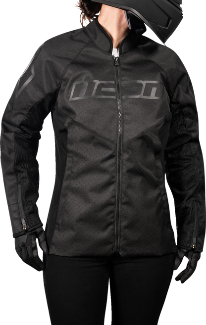 Black ICON Women's Hooligan CE Jacket by Bill's Exhausts, size 2XL, displayed on a hanger.
