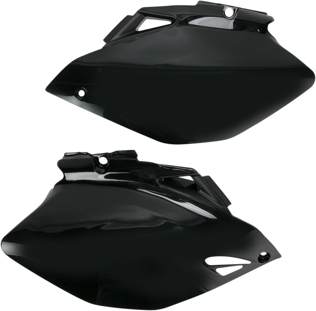 Acerbis black side panels for motorcycle body, featuring sleek black design with mounting points visible for installation.