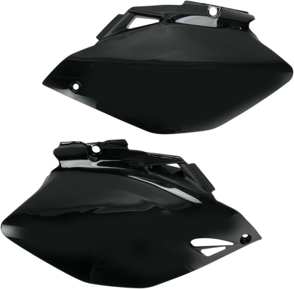 Acerbis black side panels for motorcycle body, featuring sleek black design with mounting points visible for installation.