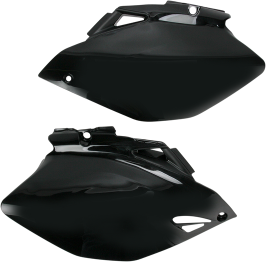 Acerbis black side panels for motorcycle body, featuring sleek black design with mounting points visible for installation.