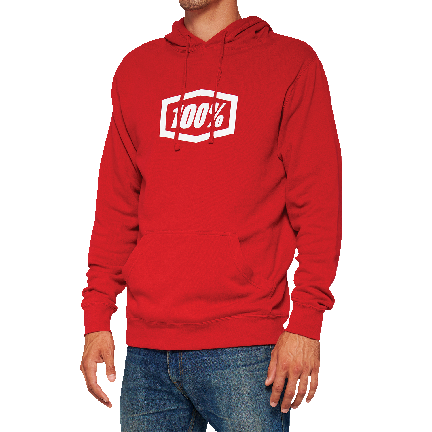 Red 100% Icon hoodie by Bill's Exhausts, large size, soft pullover hoodie with a front logo design.