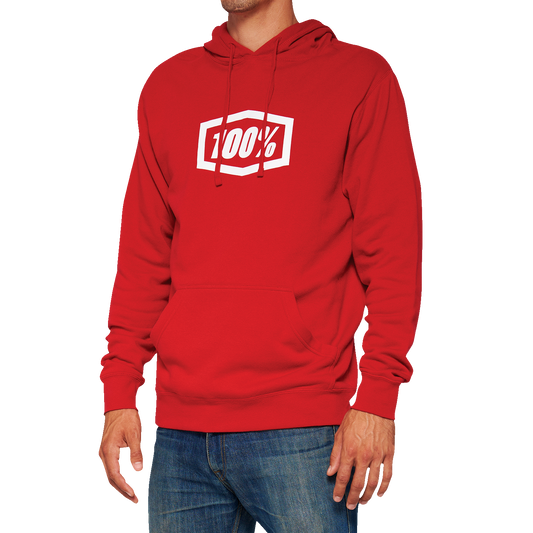 Red 100% Icon hoodie by Bill's Exhausts, large size, soft pullover hoodie with a front logo design.