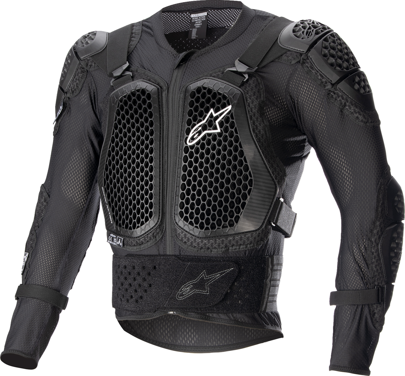 Alpinestars Bionic Action V2 black protection jacket for motorcycle riders, size XL, with reinforced armor and adjustable straps.