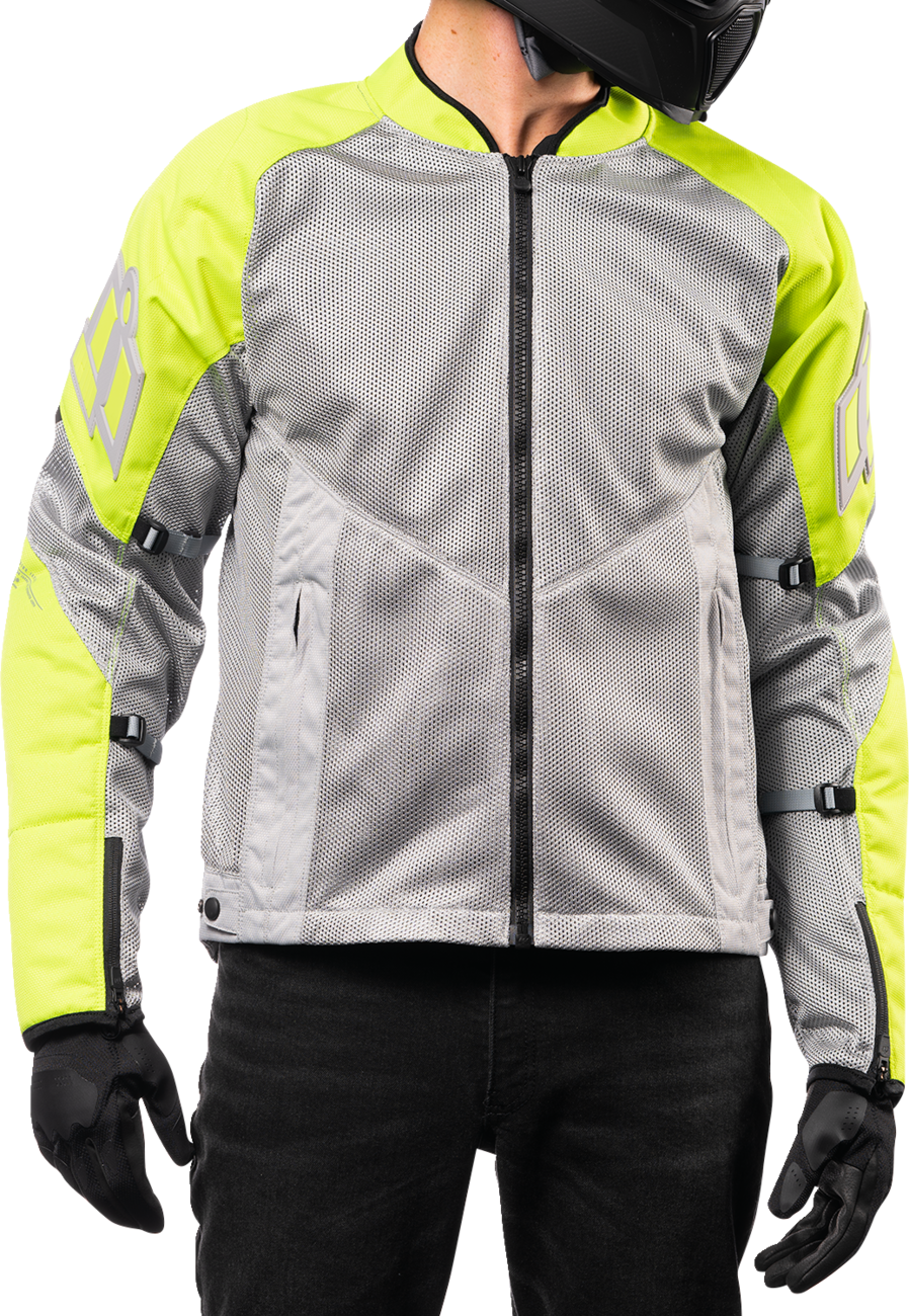 Bill's Exhausts ICON Mesh AF™ Jacket in gray and hi-vis, small size, shown with breathable mesh fabric and reflective details.