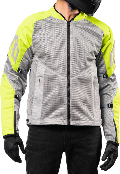 Bill's Exhausts ICON Mesh AF™ Jacket in gray and hi-vis, small size, shown with breathable mesh fabric and reflective details.