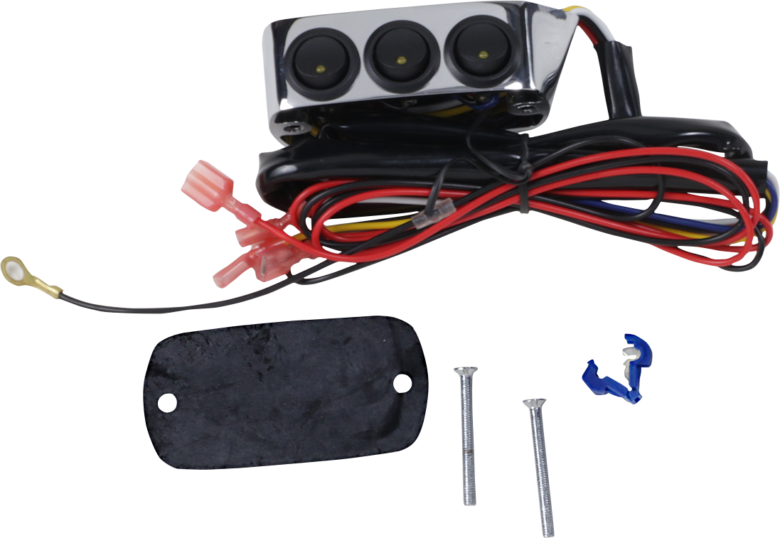 Chrome switch block assembly for brake side engine switch by Bill's Exhausts, shown with detailed chrome finish.
