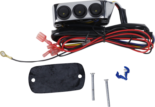 Chrome switch block assembly for brake side engine switch by Bill's Exhausts, shown with detailed chrome finish.