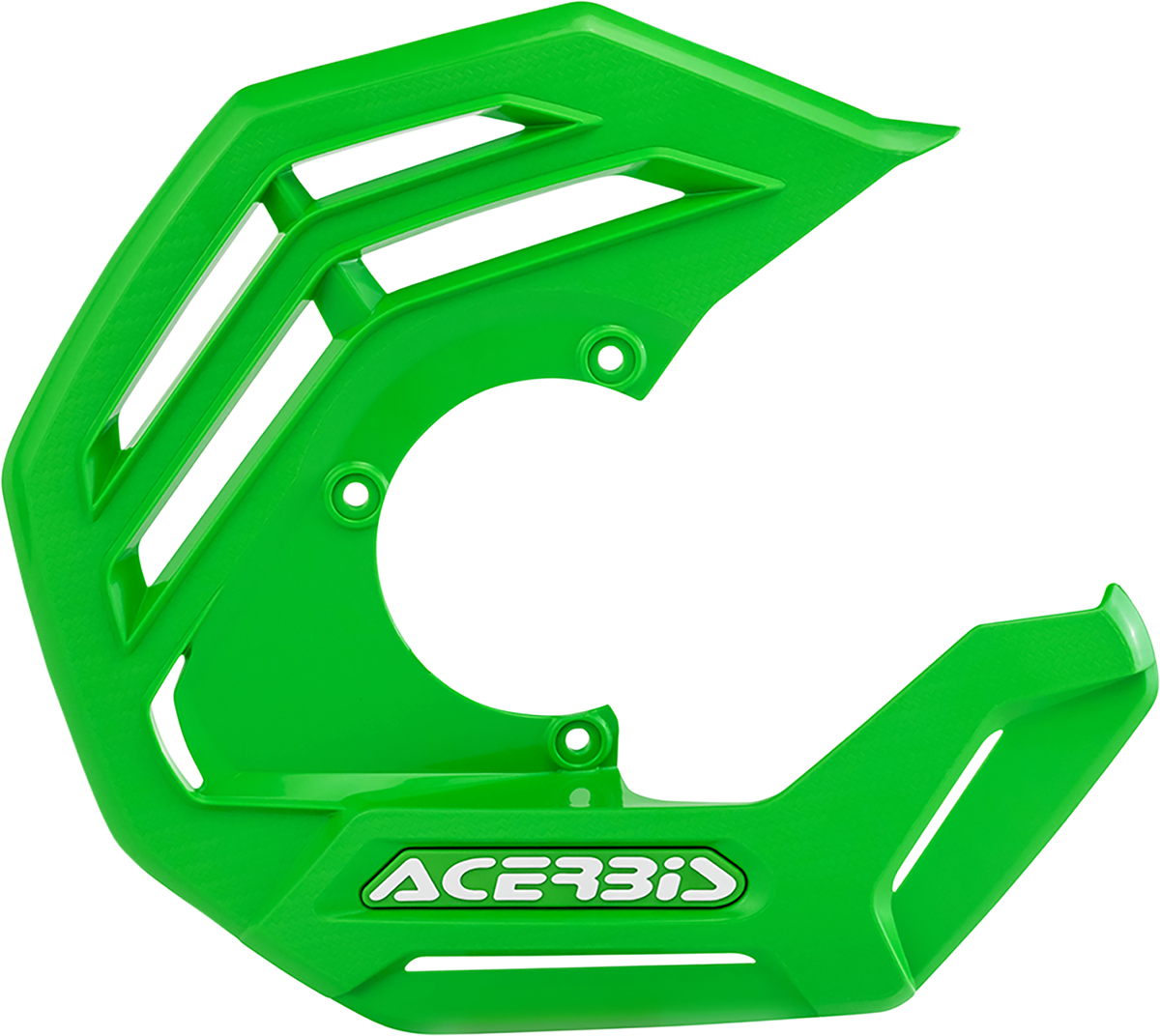 Green ACERBIS X-Future disc cover for motorcycle brake system, featuring a sturdy body design and vibrant green color.