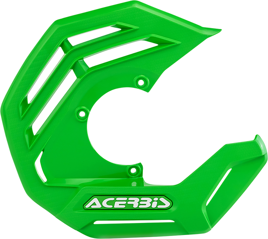 Green ACERBIS X-Future disc cover for motorcycle brake system, featuring a sturdy body design and vibrant green color.