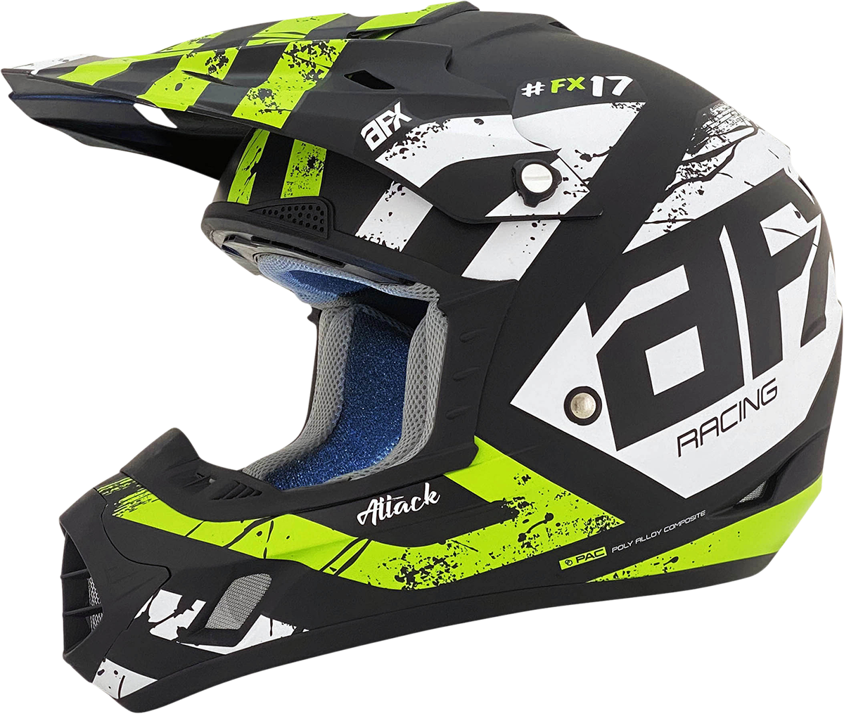 AFX FX-17 Attack helmet in matte black and green, small size, featuring a sleek design and adjustable straps.