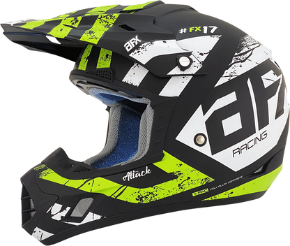 AFX FX-17 Attack helmet in matte black and green, small size, featuring a sleek design and adjustable straps.