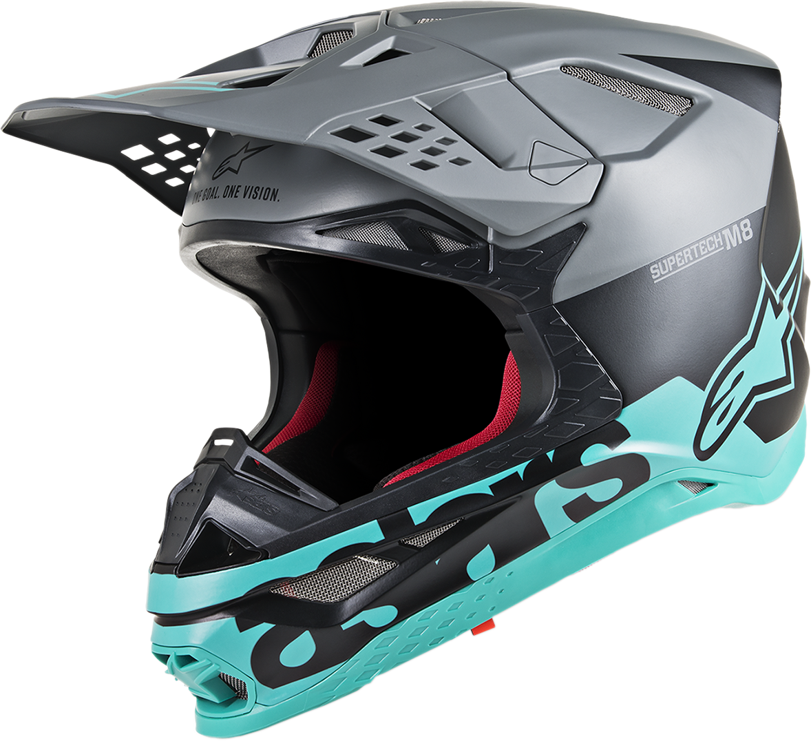 Black matte and teal Alpinstars Supertech M8 helmet with MIPS, mid gray accents, shown in 2XL size, designed for motorcycle racing safety.