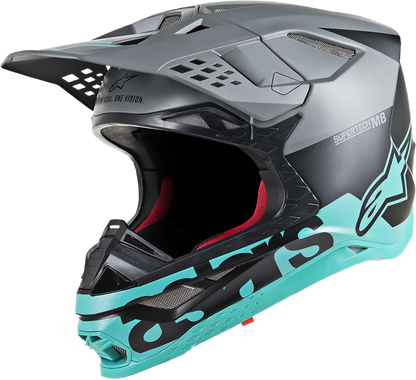 Black matte and teal Alpinstars Supertech M8 helmet with MIPS, mid gray accents, shown in 2XL size, designed for motorcycle racing safety.