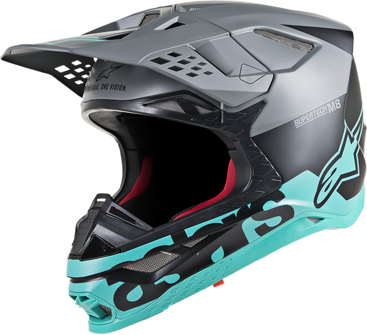 Black matte and teal Alpinstars Supertech M8 helmet with MIPS, mid gray accents, shown in 2XL size, designed for motorcycle racing safety.