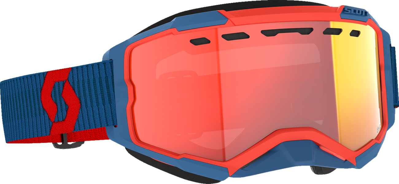 Scott Fury Snow Cross Goggle in dark blue and neon red with light-sensitive red chrome lens, designed for snow sports.