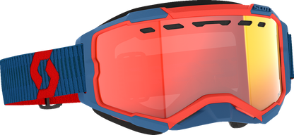 Scott Fury Snow Cross Goggle in dark blue and neon red with light-sensitive red chrome lens, designed for snow sports.