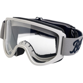 BILTWELL Moto 2.0 Goggles Script in titanium with clear lenses, designed for motorcycle helmet compatibility and stylish protection.