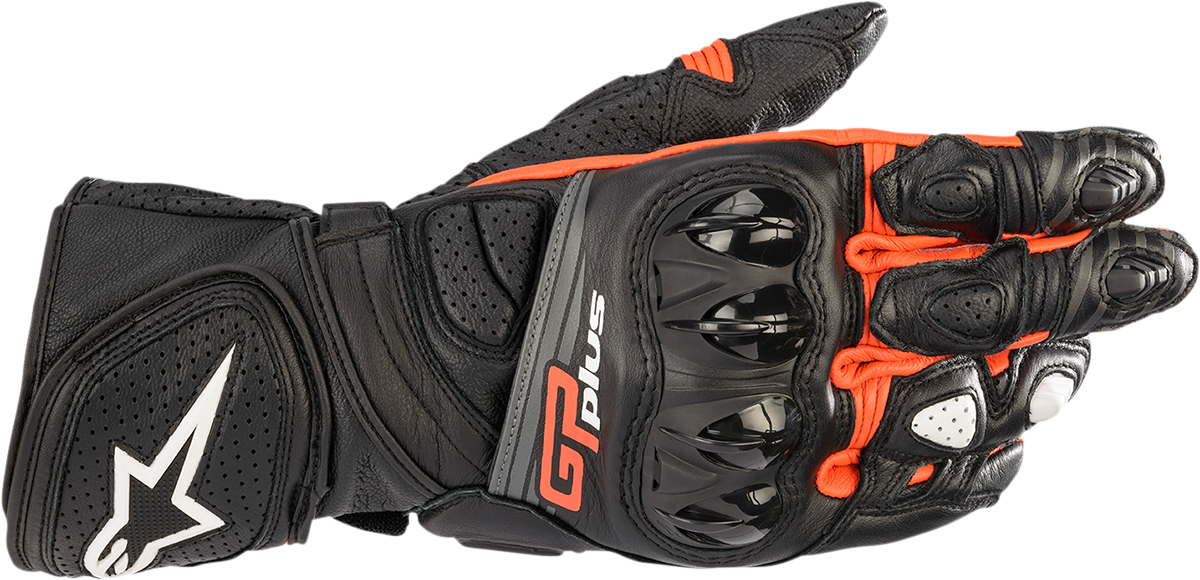 Alpinestars GP Plus R v2 motorcycle gloves in black and fluo red, small size, featuring protective knuckles and reinforced palms.