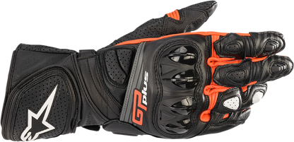 Alpinestars GP Plus R v2 motorcycle gloves in black and fluo red, small size, featuring protective knuckles and reinforced palms.