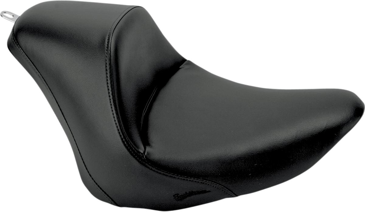 Black SADDLEMEN Heels Down Solo Seat by Bill's Exhausts, plain design without backrest, shown in image FB6DB4AB-890F-45BC-A883-61D42446D43D