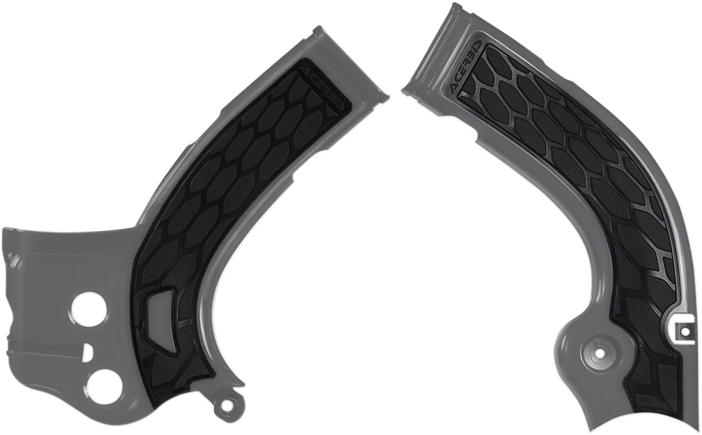 Acerbis X-Grip frame guards in silver and black for motorcycle protection, designed for durability and style.
