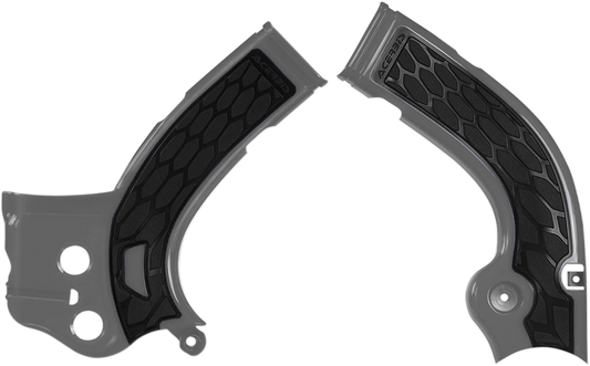 Acerbis X-Grip frame guards in silver and black for motorcycle protection, designed for durability and style.