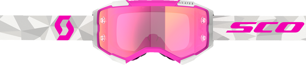 Scott Fury goggles in white and pink with pink chrome lenses, designed for motocross or racing.