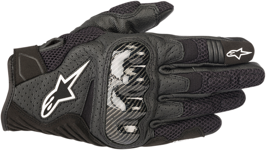 Alpinestars SMX-1 Air V2 motorcycle gloves in black, size 2XL, featuring protective knuckles and breathable fabric for riding comfort.