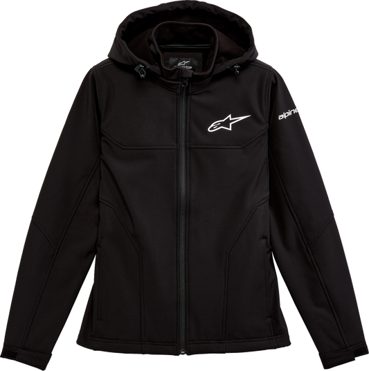 Black Alpinstars Women's Primary Jacket in large size, featuring a sleek design and durable fabric, shown on a mannequin.
