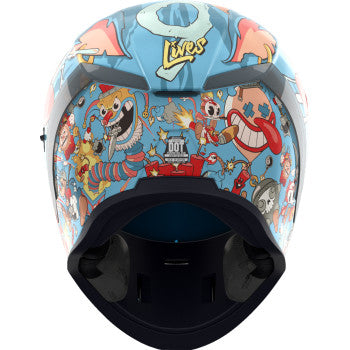 Blue ICON Airform™ helmet in XS size with 9 Lives design, featuring a sleek helmet shape and ventilation details.