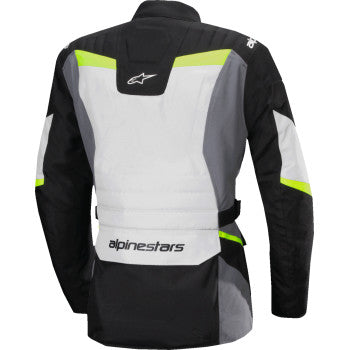 Alpinestars Stella ST-1 waterproof motorcycle jacket in ice gray, black, and yellow fluo, shown with reflective details and adjustable cuffs.
