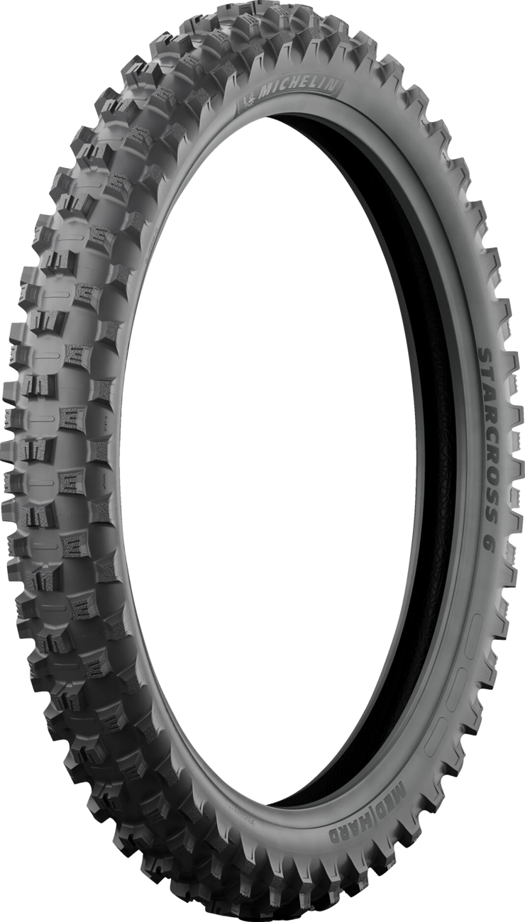 Michelin StarCross 6 Medium Hard front motorcycle tire, 80/100-21 size, black rubber with tread pattern and sidewall markings.