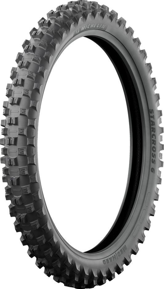 Michelin StarCross 6 Medium Hard front motorcycle tire, 80/100-21 size, black rubber with tread pattern and sidewall markings.