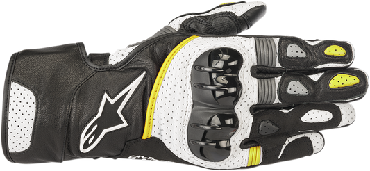 Alpinestars SP-2 V2 motorcycle gloves in black, white, and fluo yellow, size 2XL, featuring protective padding and breathable material.