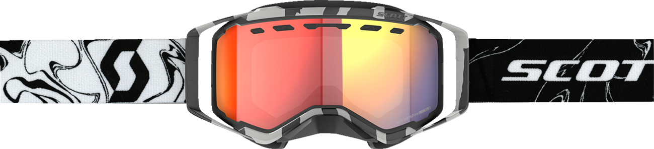 Scott Prospect snow goggles with light-sensitive lenses in marble black and white with red chrome accents for winter sports.